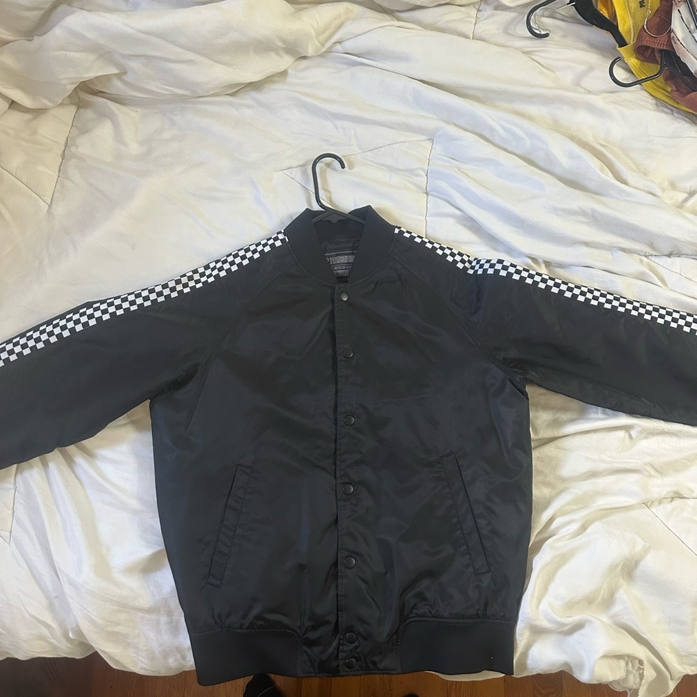 21men Black Bomber Jacket with Checkered Sleeves